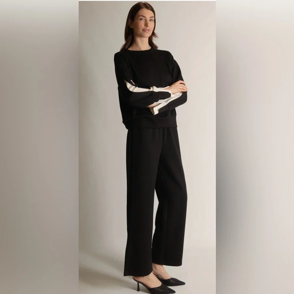 P.CILL‎ Blake Wide Leg Pants with Bottom Slits Butter Modal Black Size Small